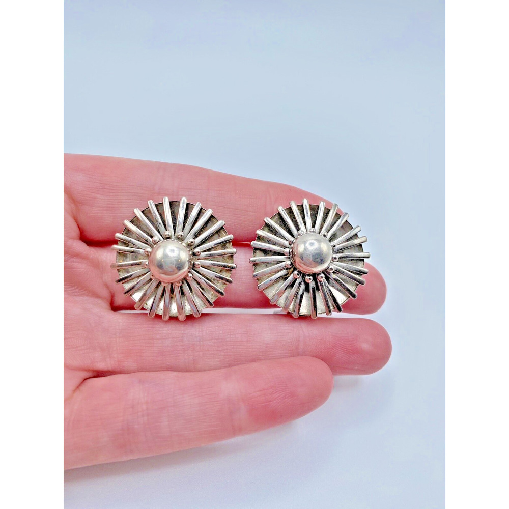 Vintage Atomic Starburst Silver Tone Clip On Earrings Mod MCM Sunburst Bold 1"
